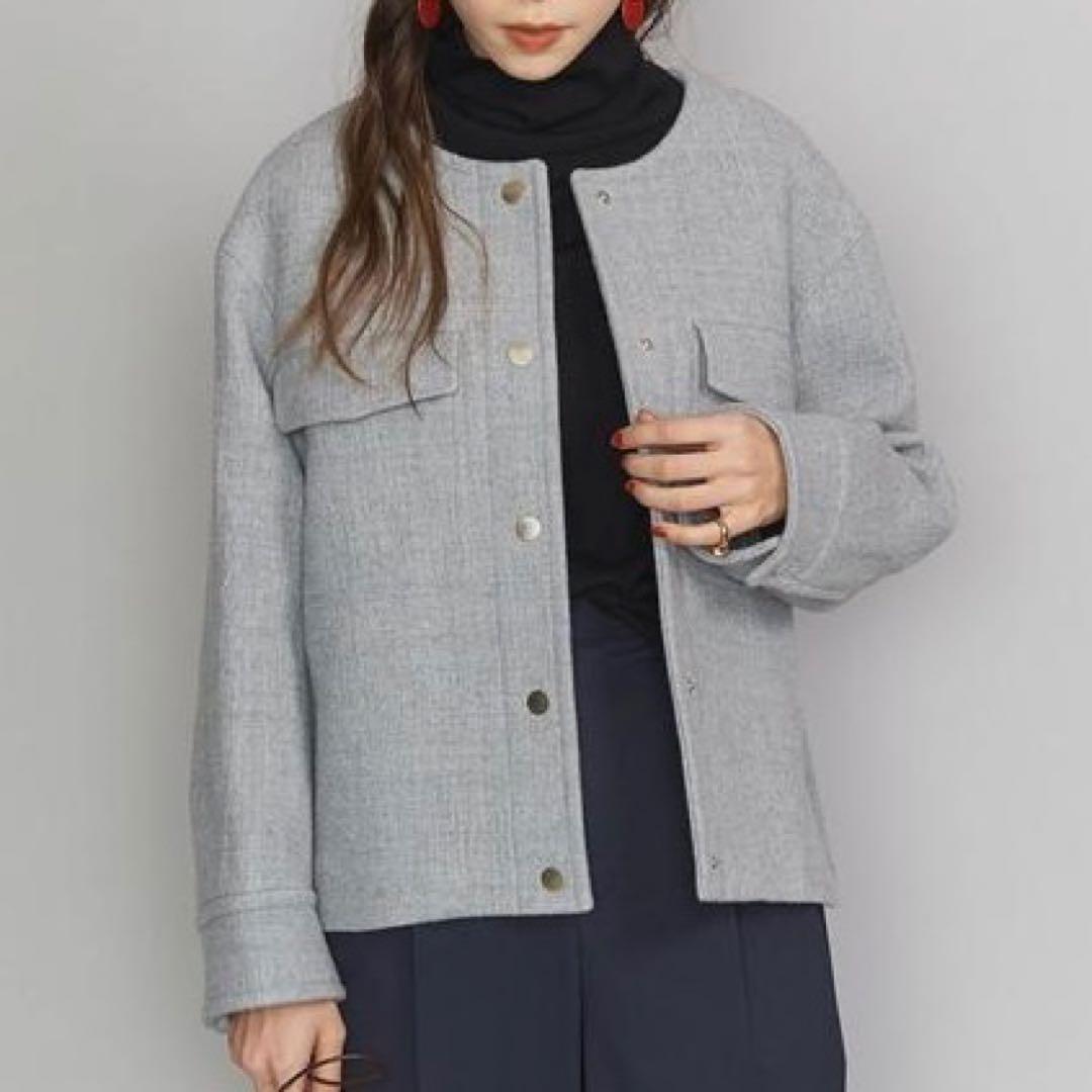 【美品】BEAUTY&YOUTH クレーターメルトンノーカラーショートコート M