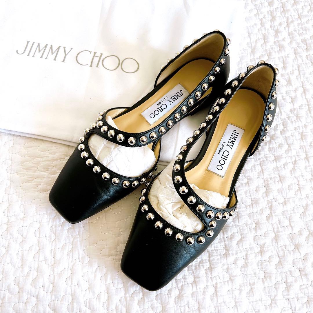 美品✨ ジミーチュウ レザー フラットパンプス 34 ブラック スタッズ
