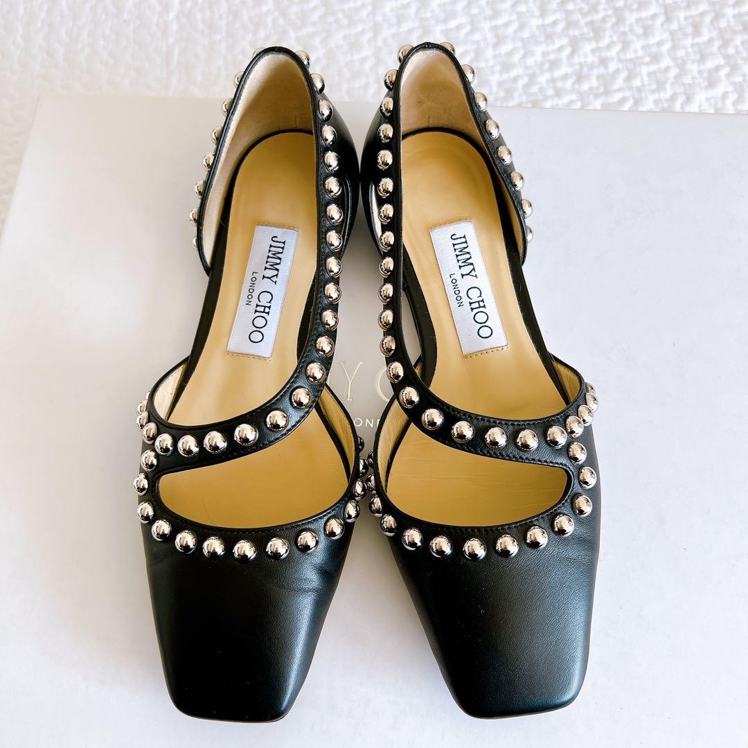 美品✨ ジミーチュウ レザー フラットパンプス 34 ブラック スタッズ