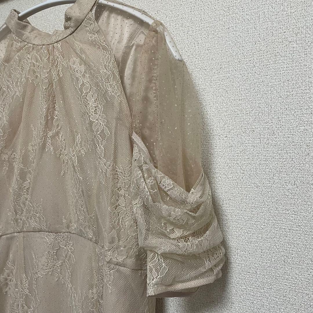 パーティードレス レースワンピ 結婚式 食事 ピンクベージュ L