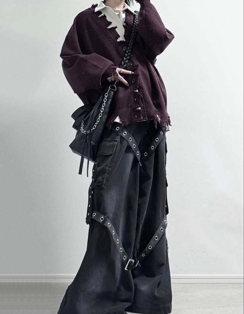 ERAR ヴィンテージライクスプレー加工ベルトデザインギミックデニムカーゴパンツ