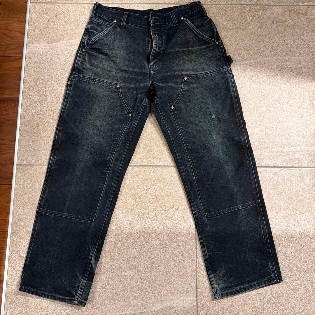 USA製 ブラック carhartt ダブルニーペインターパンツ 良フェード