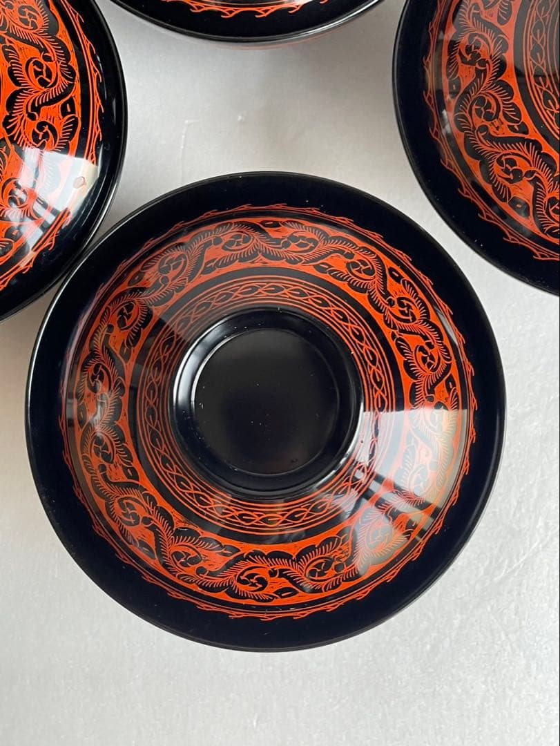 ②木製漆器　讃岐彫　昇斎作　蒟醤　吸物椀5客　　　　蓋付き椀　お椀