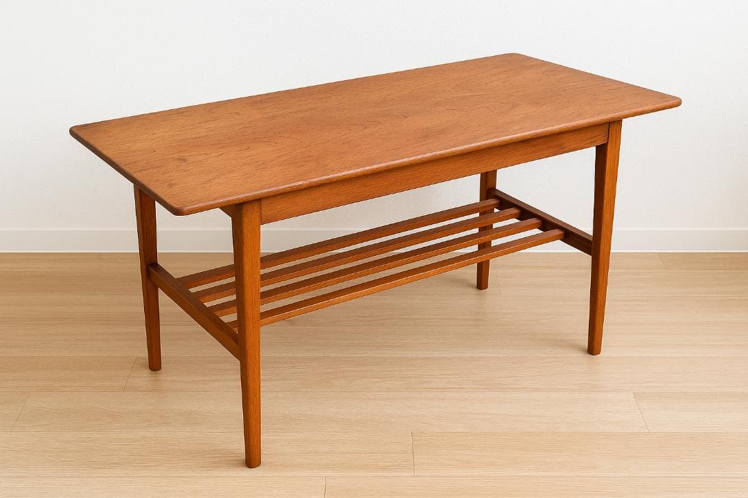 デンマーク製 北欧ヴィンテージ チーク無垢材 センターテーブル 棚付き