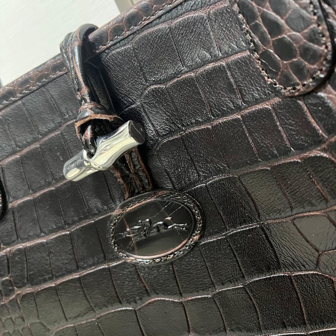 美品　Longchamp　レザートートバッグ　ロゾ　クロコ型押し　ブラウン
