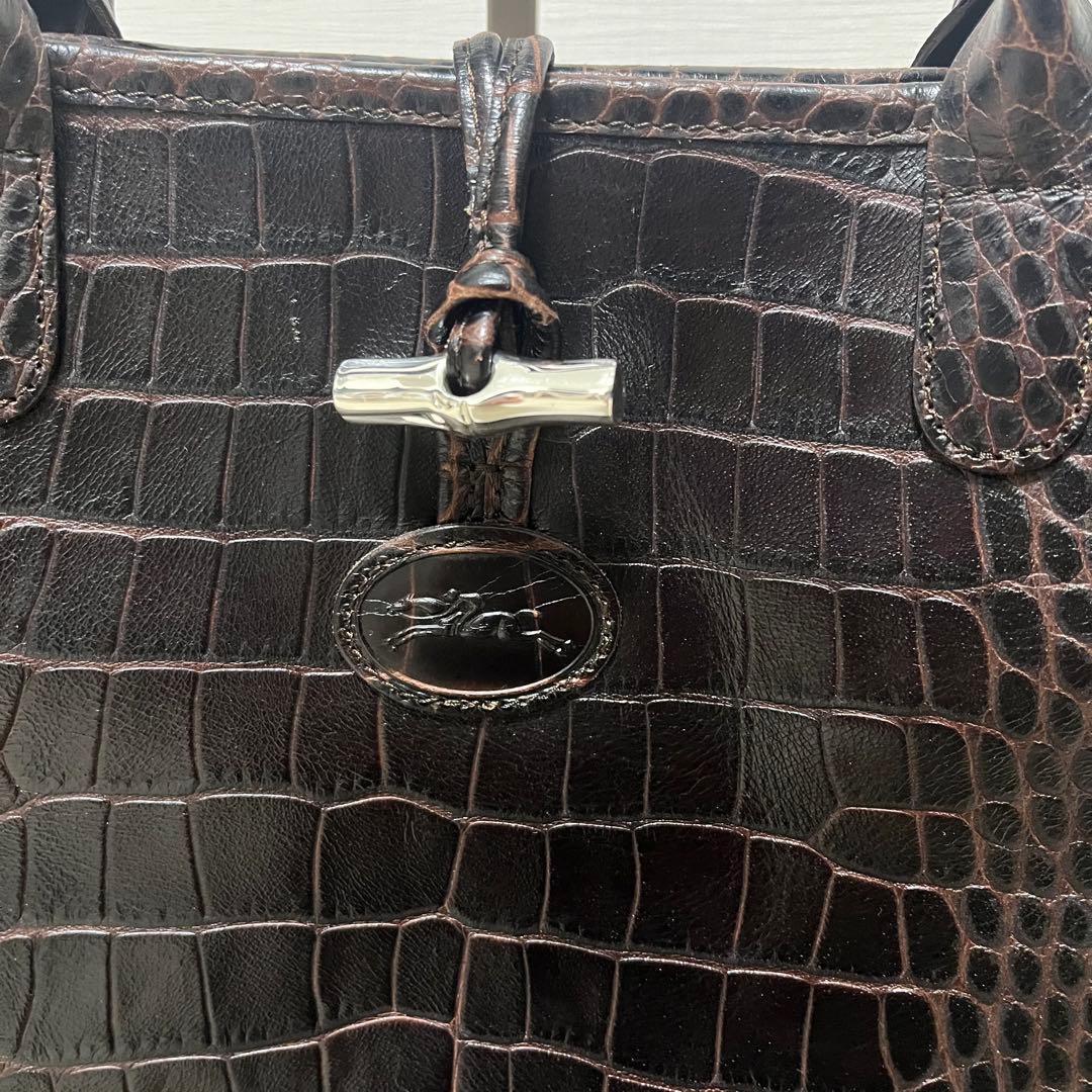 美品　Longchamp　レザートートバッグ　ロゾ　クロコ型押し　ブラウン