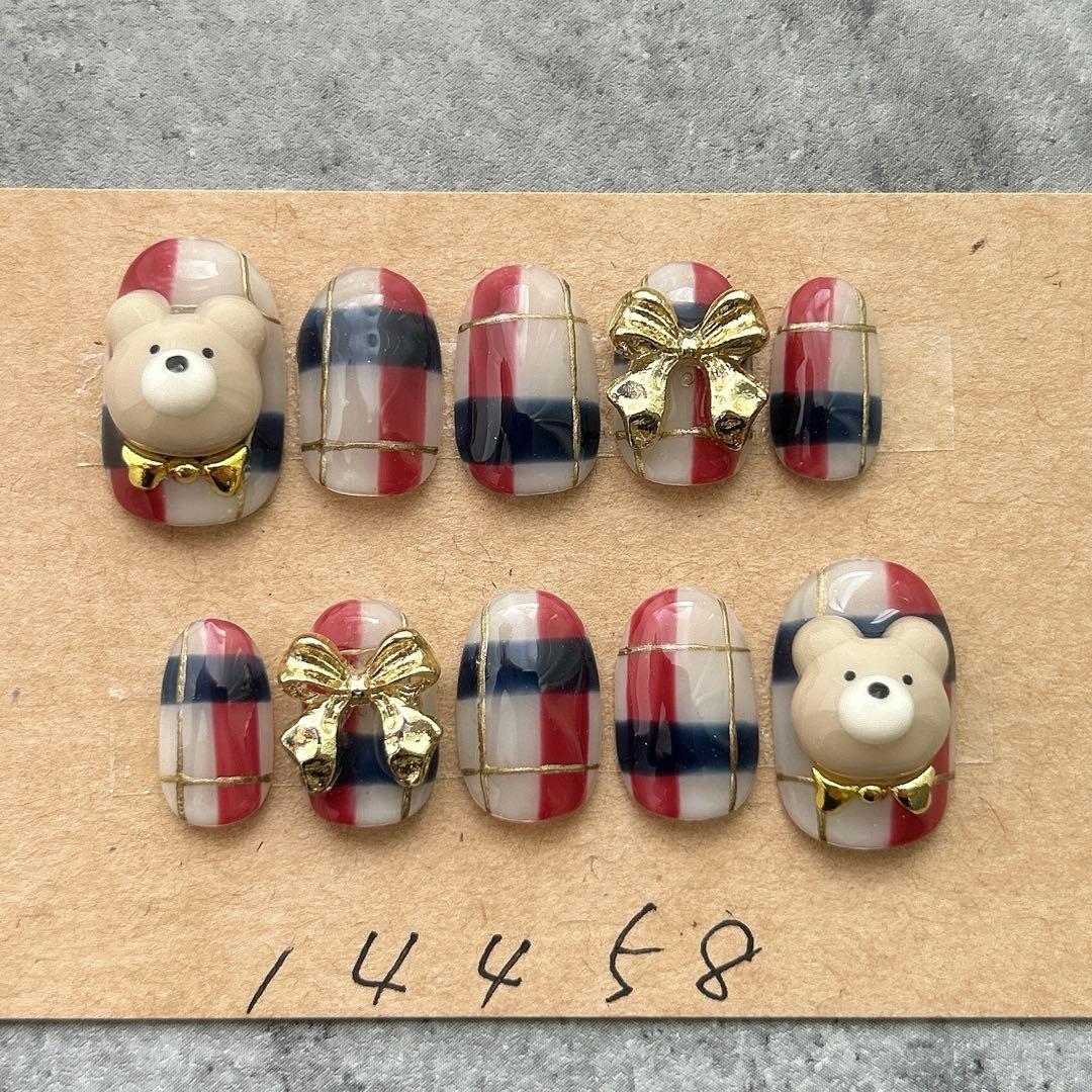 ネイルチップニュアンスヌビぷっくりくまさん花淡色深緑982