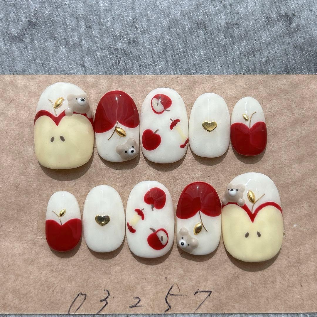 ネイルチップニュアンスヌビぷっくりくまさん花淡色深緑982