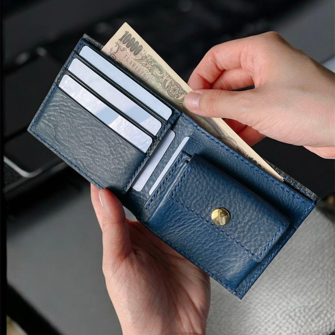 蛇革ブラック×イタリアンレザーロイヤルブルー　二つ折り財布