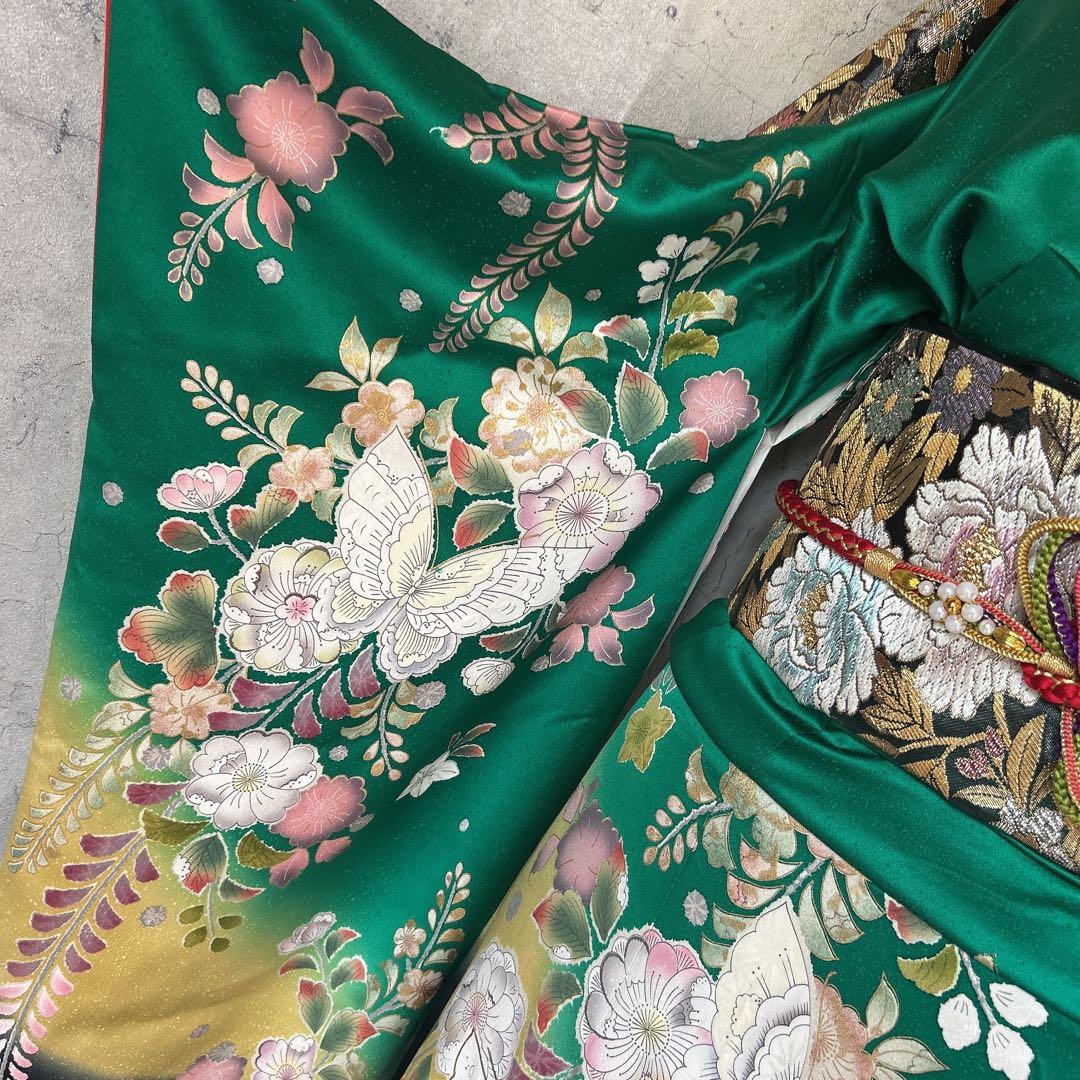 振袖　フルセット　辻が花　成人式　グリーン　ブラック　綸子　m5