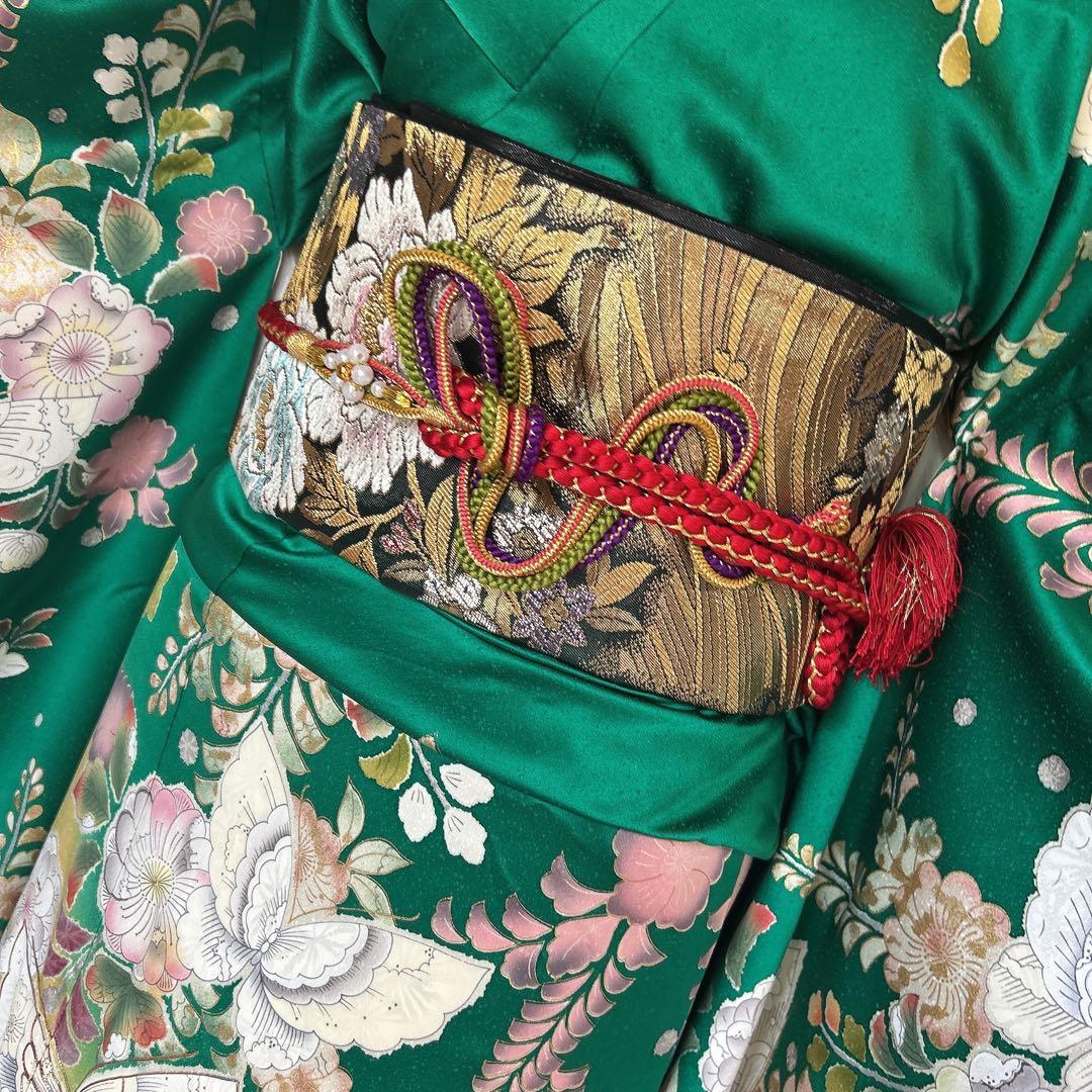 振袖　フルセット　辻が花　成人式　グリーン　ブラック　綸子　m5