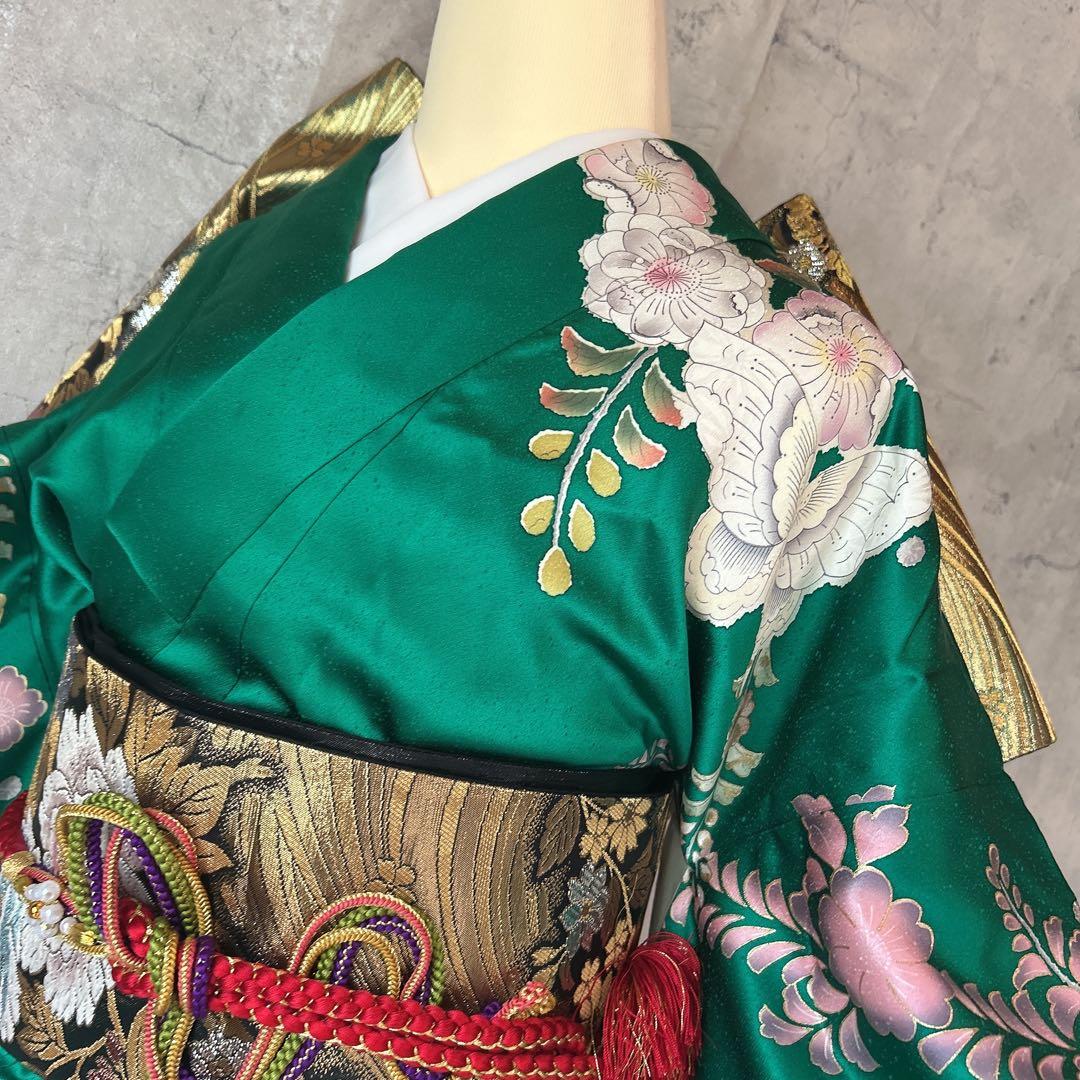振袖　フルセット　辻が花　成人式　グリーン　ブラック　綸子　m5
