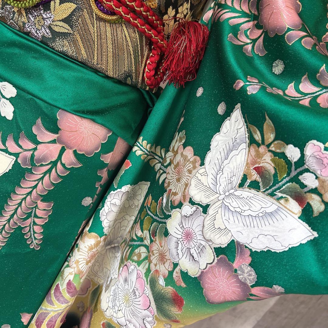 振袖　フルセット　辻が花　成人式　グリーン　ブラック　綸子　m5