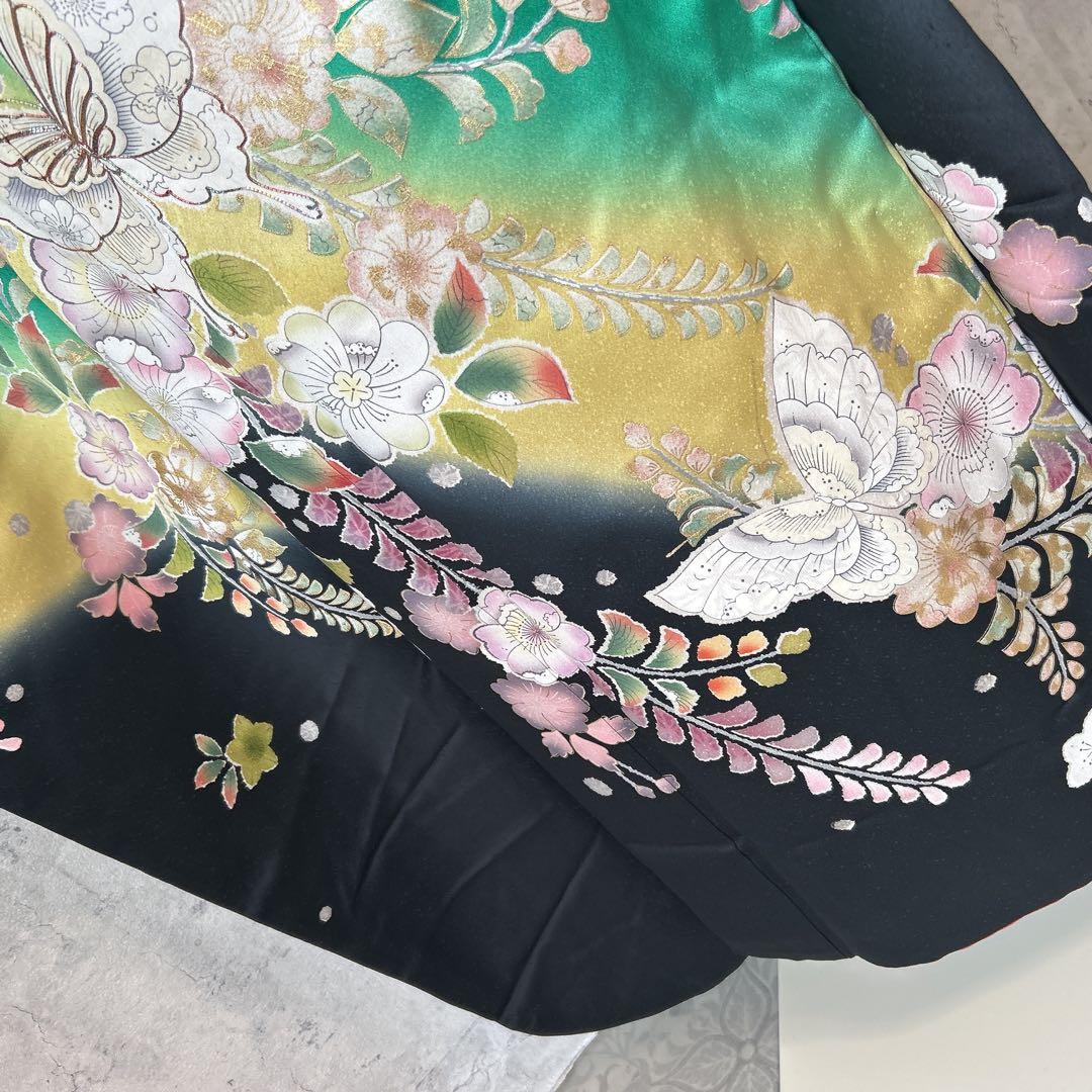 振袖　フルセット　辻が花　成人式　グリーン　ブラック　綸子　m5