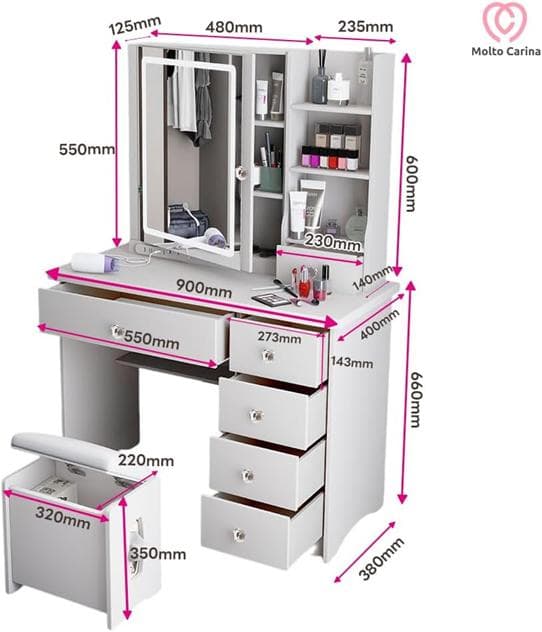 【美品】ホワイト ドレッサー 三色光LEDライト コンセントあり