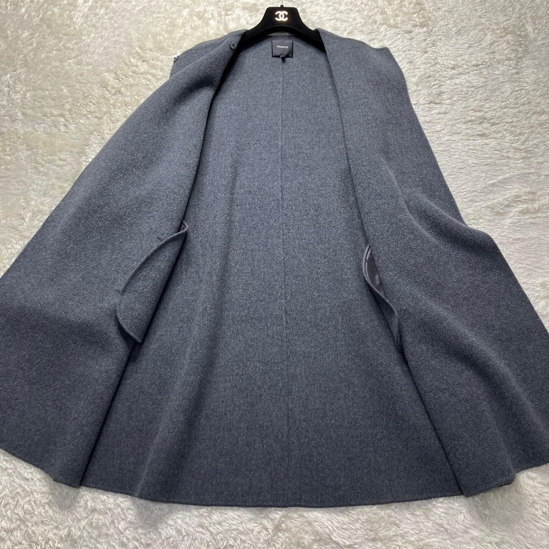 Theory カシミヤ混　ノーカラーコート　ベルト　グレー　定価79000円