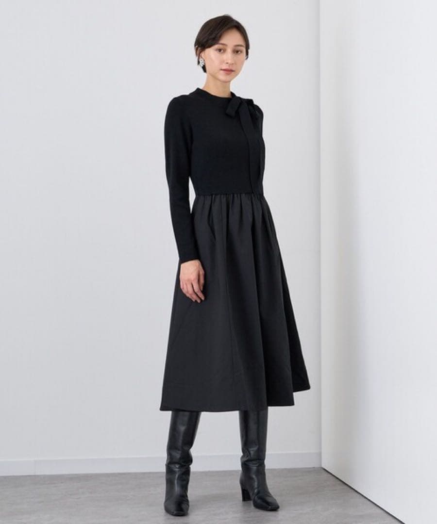 極美品✨【ANAYI】リボン付タフタドッキングワンピース　黒　¥52,800