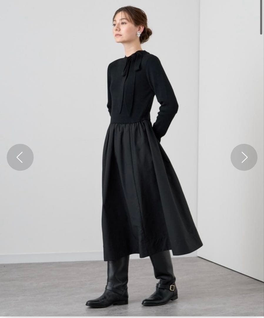 極美品✨【ANAYI】リボン付タフタドッキングワンピース　黒　¥52,800