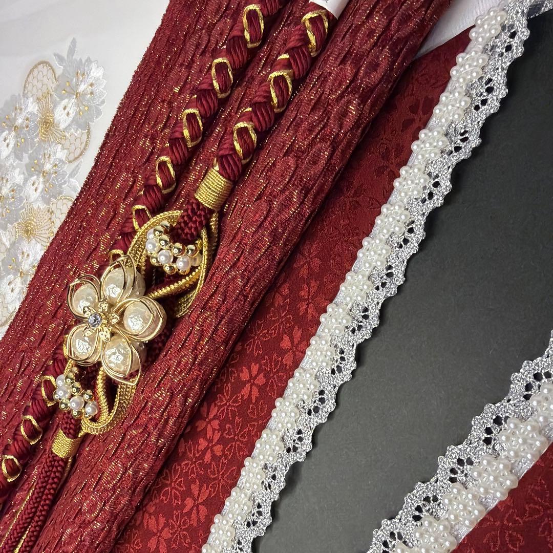 新品　2027年新作　振袖用　帯締め　帯揚げ　半襟　重ね襟　セット　ワインレッド