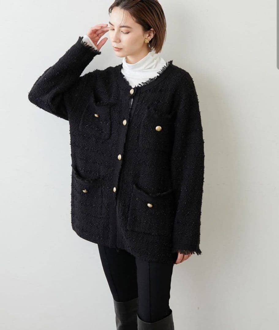 Whim Gazette ツイードニットジャケット　ブラック