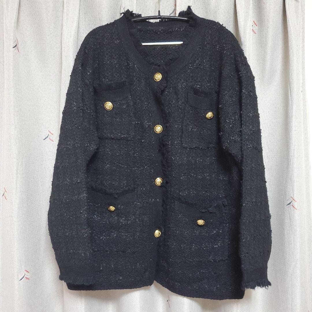Whim Gazette ツイードニットジャケット　ブラック