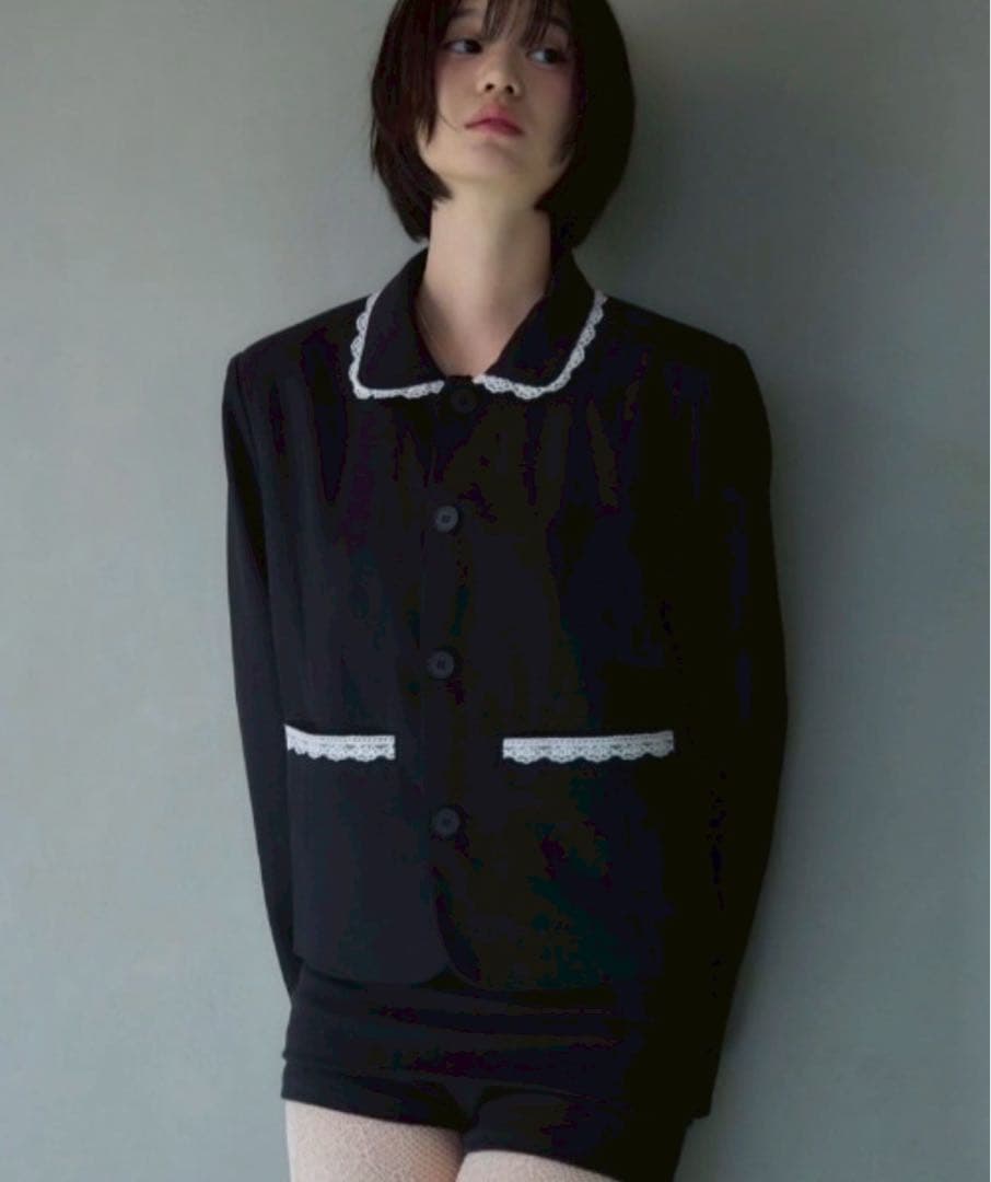 Smyeon スミョン レース付きコンパクトジャケット ブラック F