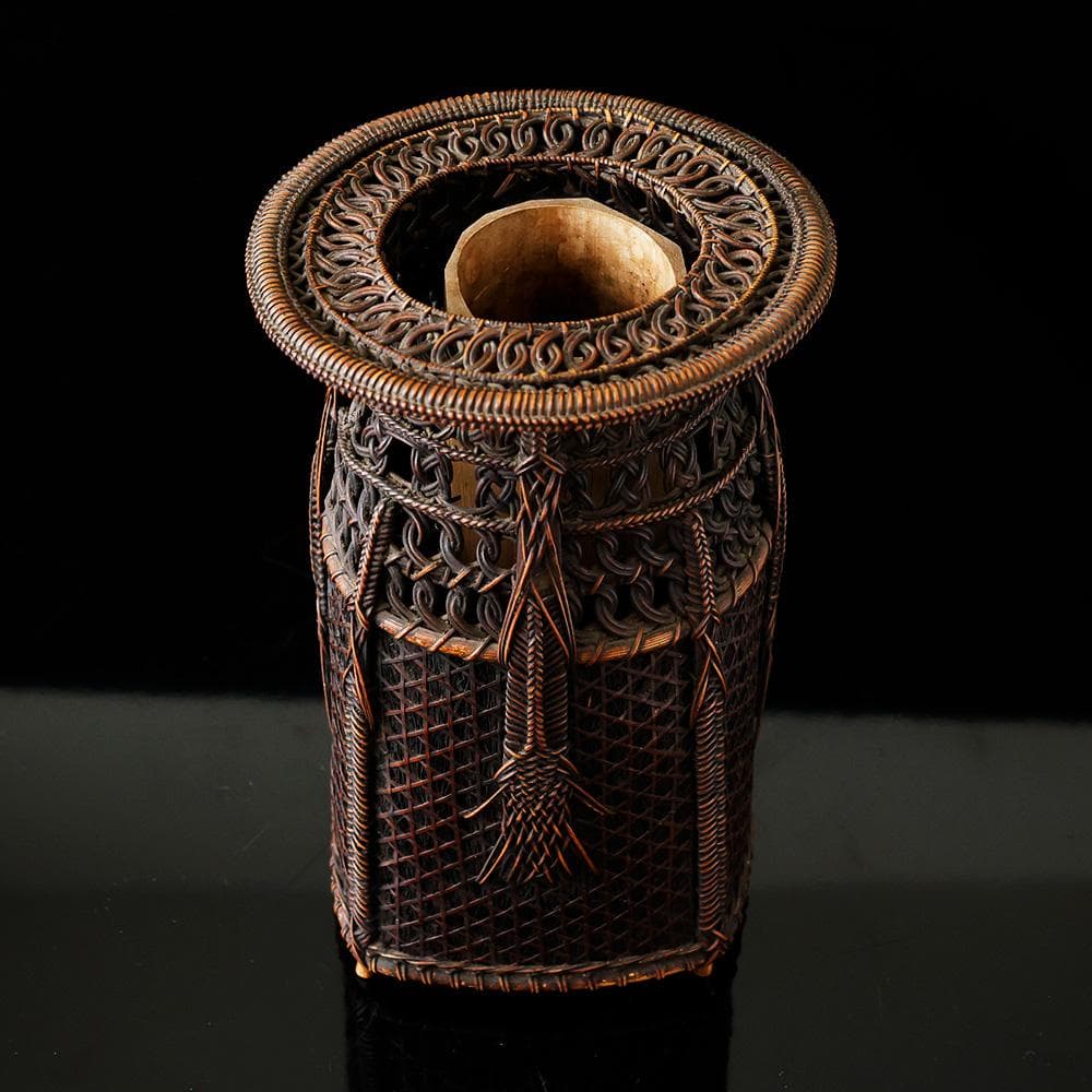 花生籠 掛花入 縄目編み 組紐細工 六ツ目編み 網代 花器 茶道具 木箱入