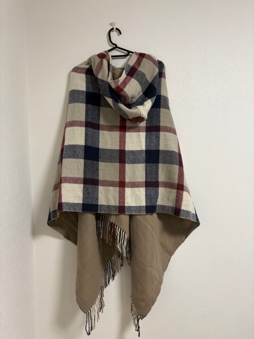 クレストブリッジチェックフード付きショール リバーシブル 38 日本製