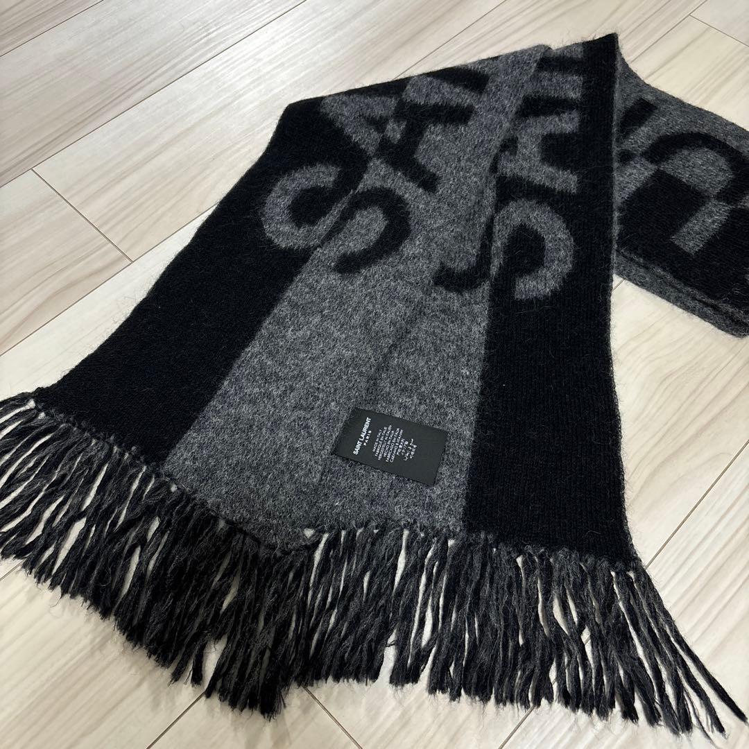 SAINT LAURENT サンローラン ウール マフラー グレー ブラック