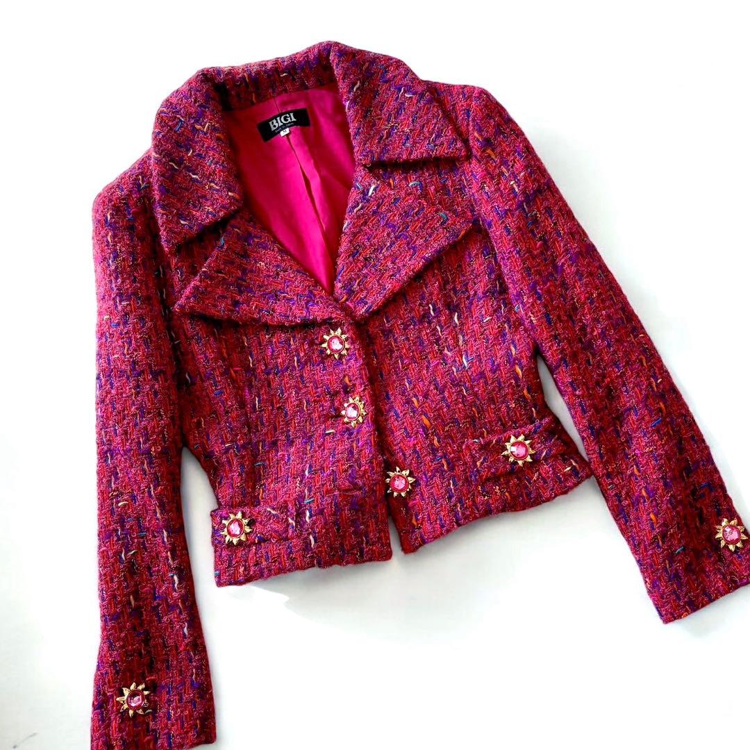 BIGI ミックスツイード　バブリースーツ　ピンク　太陽モチーフ　ビジュー