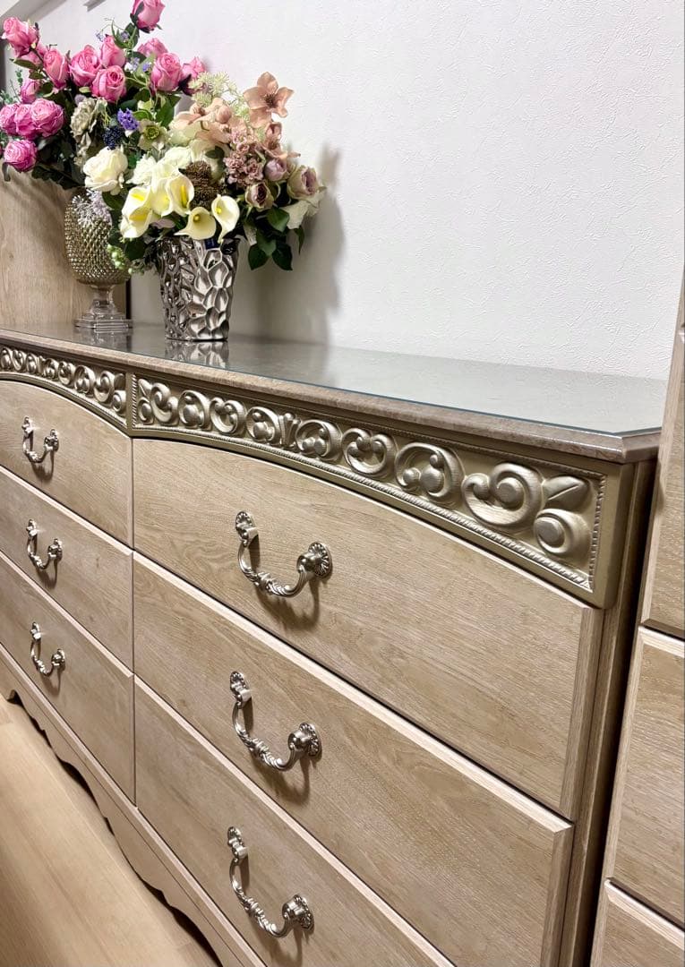 アンティークホワイト チェスト　3段ダブル　６段　木製　ｉ