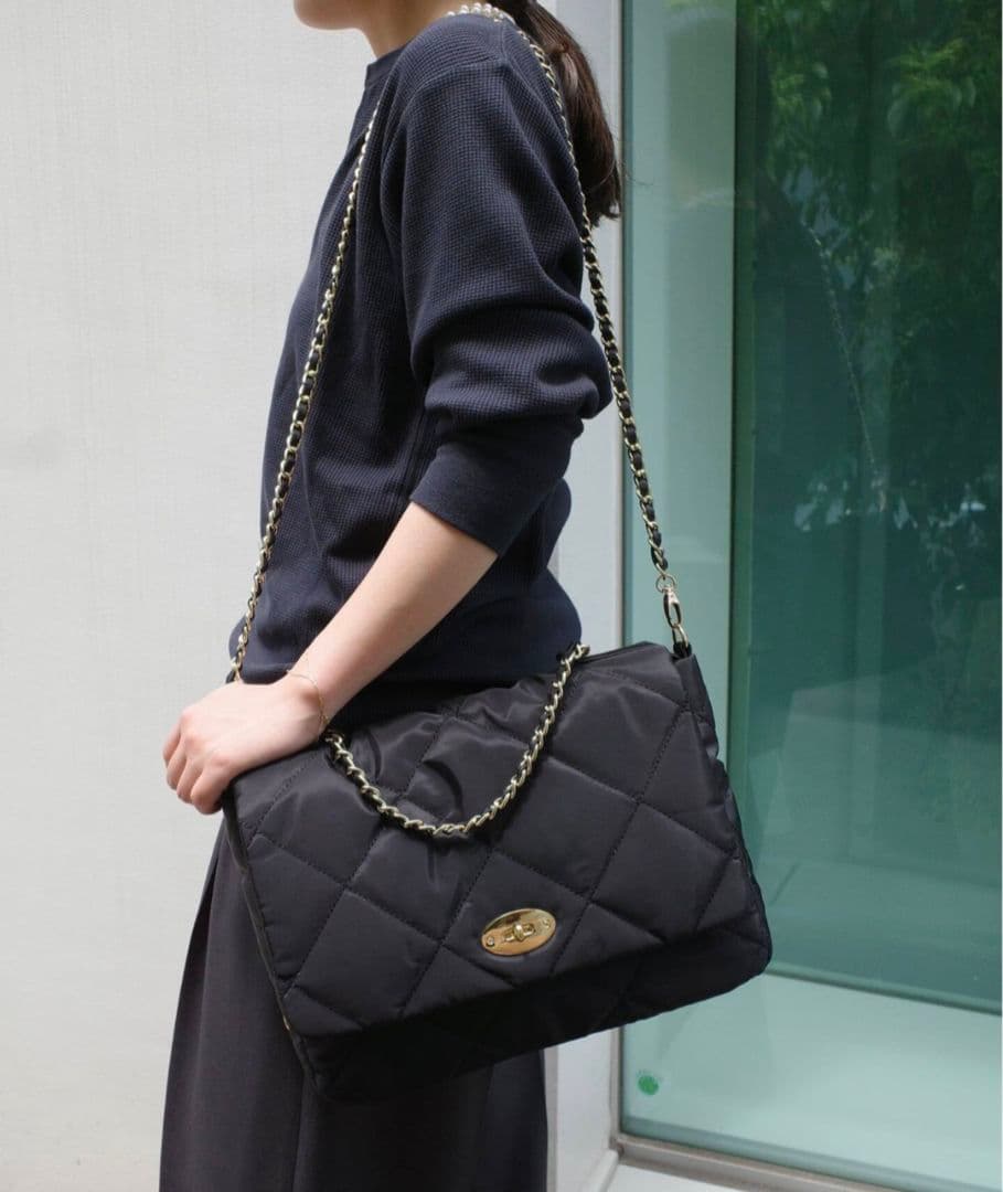 SLOBE IENA別注 OUTDOOR キルティング黒ナイロンショルダーバッグ