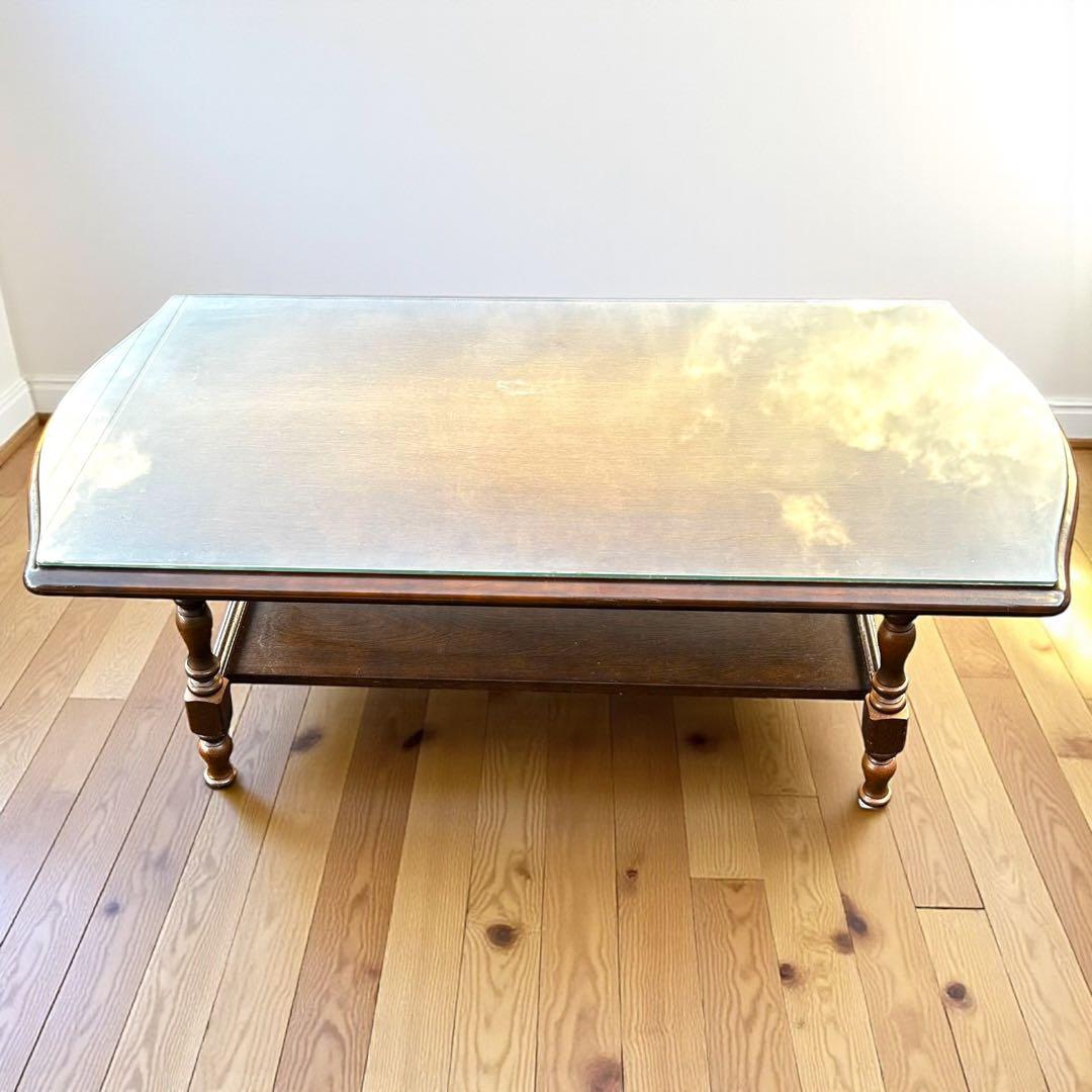 希少❣️送料無料✨飛騨産業 ガラス天板ローテーブル 無垢材 ヴィンテージ 高級家具