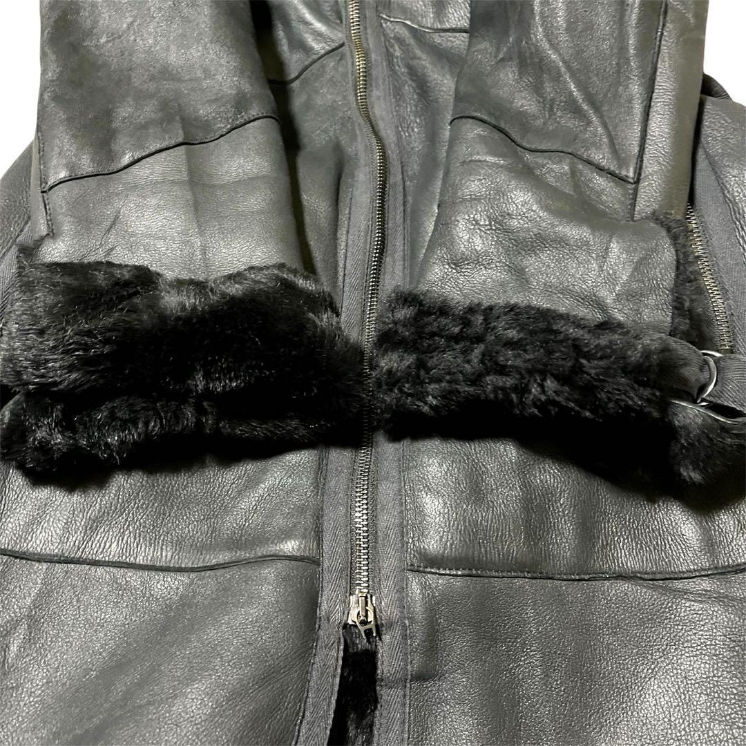 【希少】ペニーブラック 羊革 レザーコート リアルファー ロング丈 Lサイズ