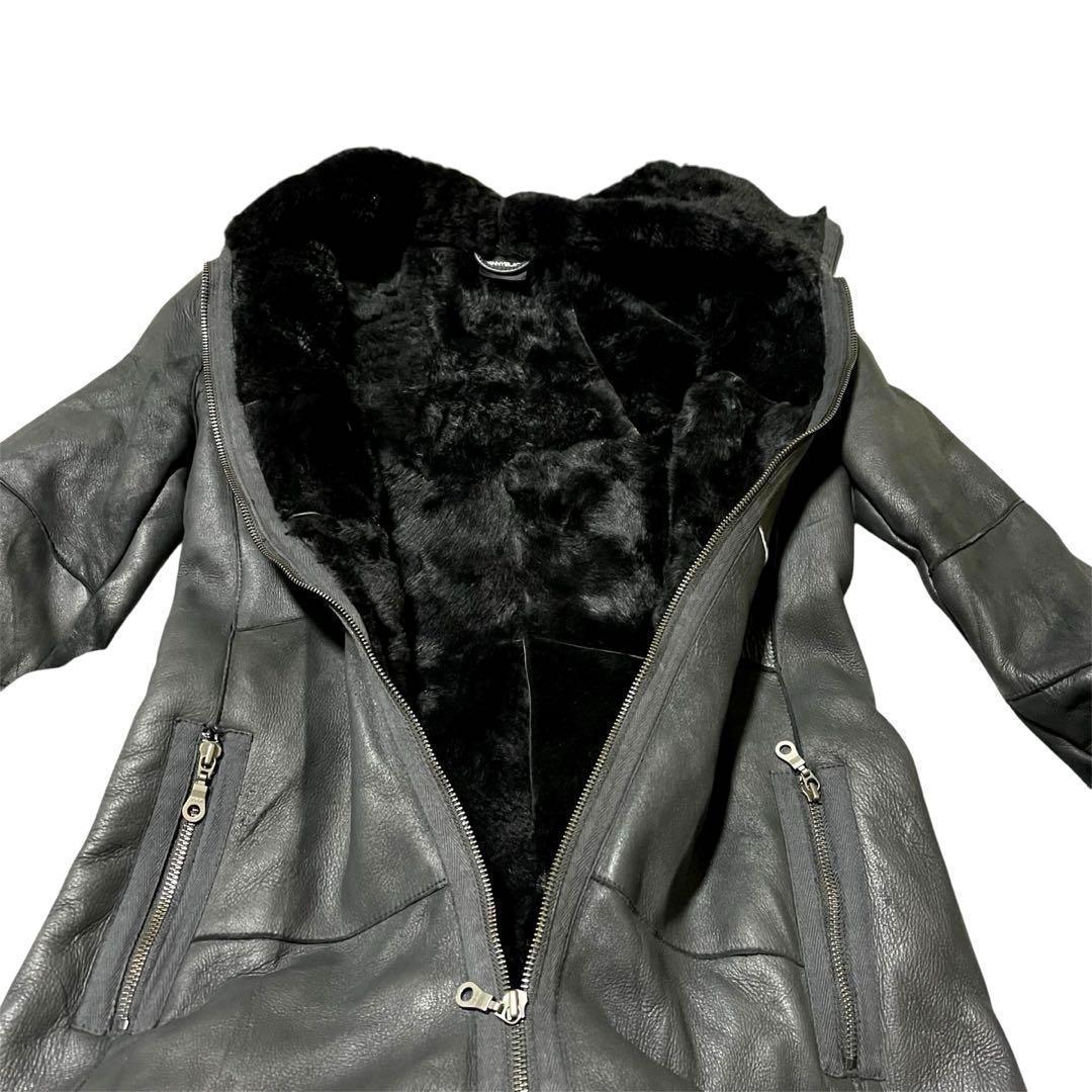 【希少】ペニーブラック 羊革 レザーコート リアルファー ロング丈 Lサイズ