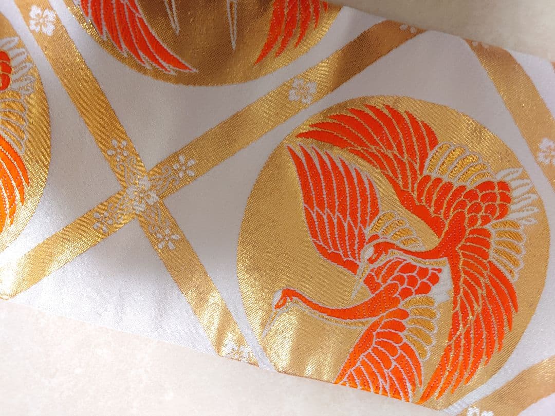 七五三　ハーフ成人式　ジュニア帯　袋帯からの作り帯　1点物　鶴柄　白系