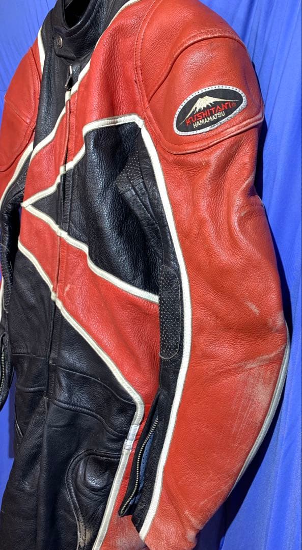 KUSHITANI バイク用革ツナギ 赤黒ストライプ Lサイズ