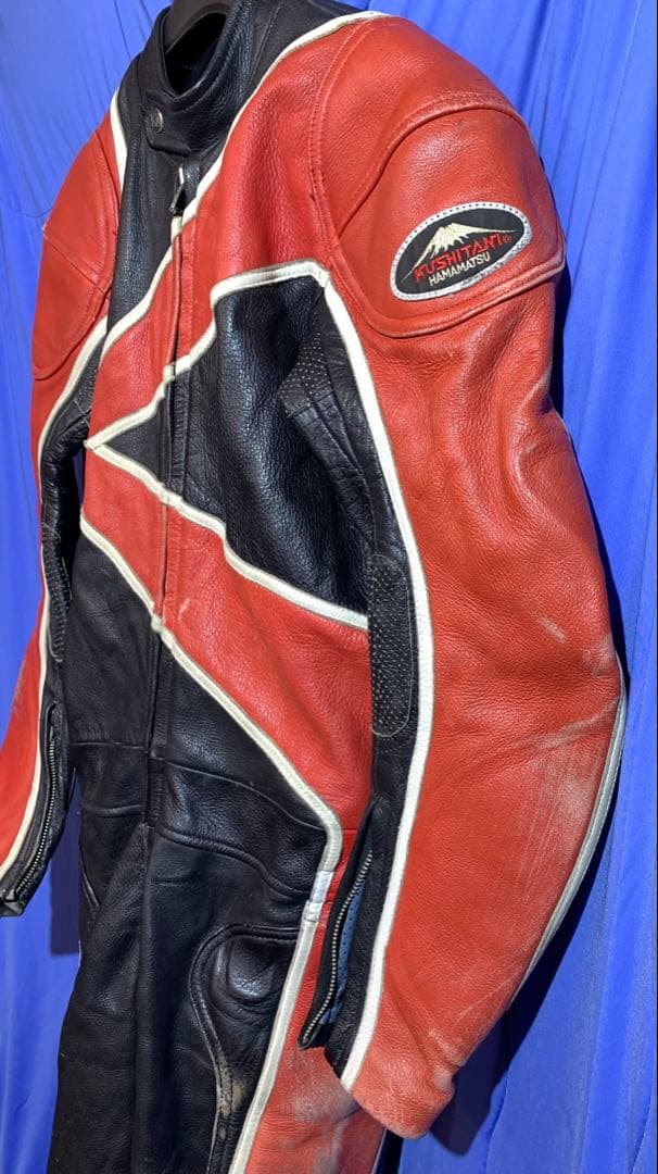 KUSHITANI バイク用革ツナギ 赤黒ストライプ Lサイズ