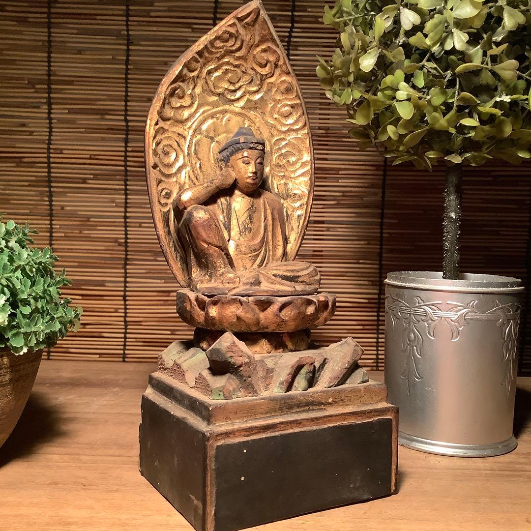 江戸初期・救世菩薩「如意輪観世音菩薩」七観音一尊・如意宝珠・金彩木彫