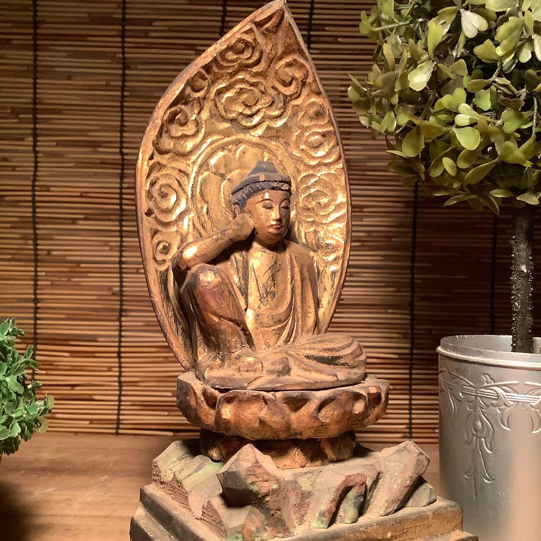 江戸初期・救世菩薩「如意輪観世音菩薩」七観音一尊・如意宝珠・金彩木彫