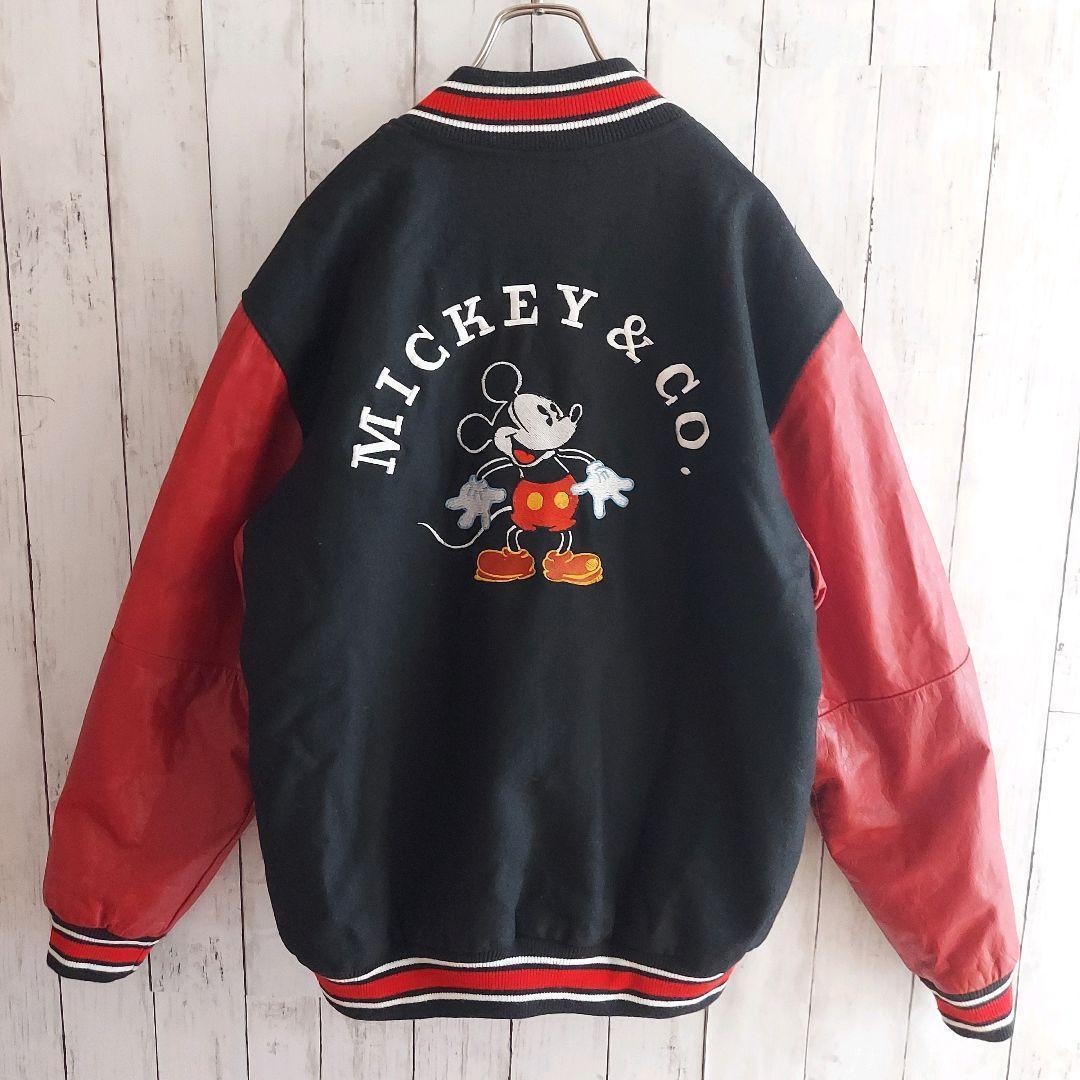 【DISNEY】ディズニー 背面ビッグ刺繍 袖レザー スタジャン M 黒