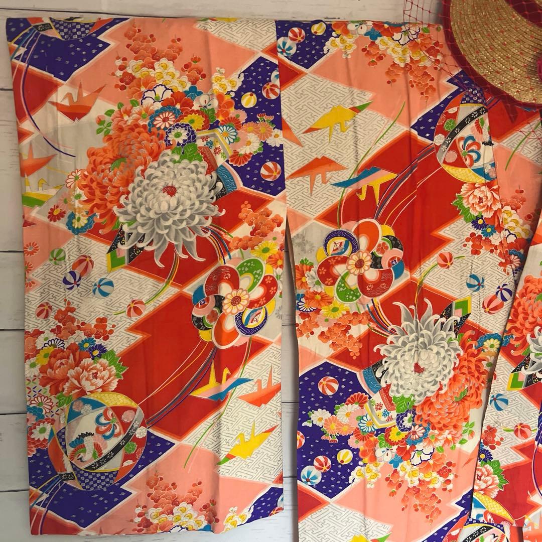 5945◆アンティーク長襦袢毱薬玉折鶴花尽くしレトロ可愛いチャーミング