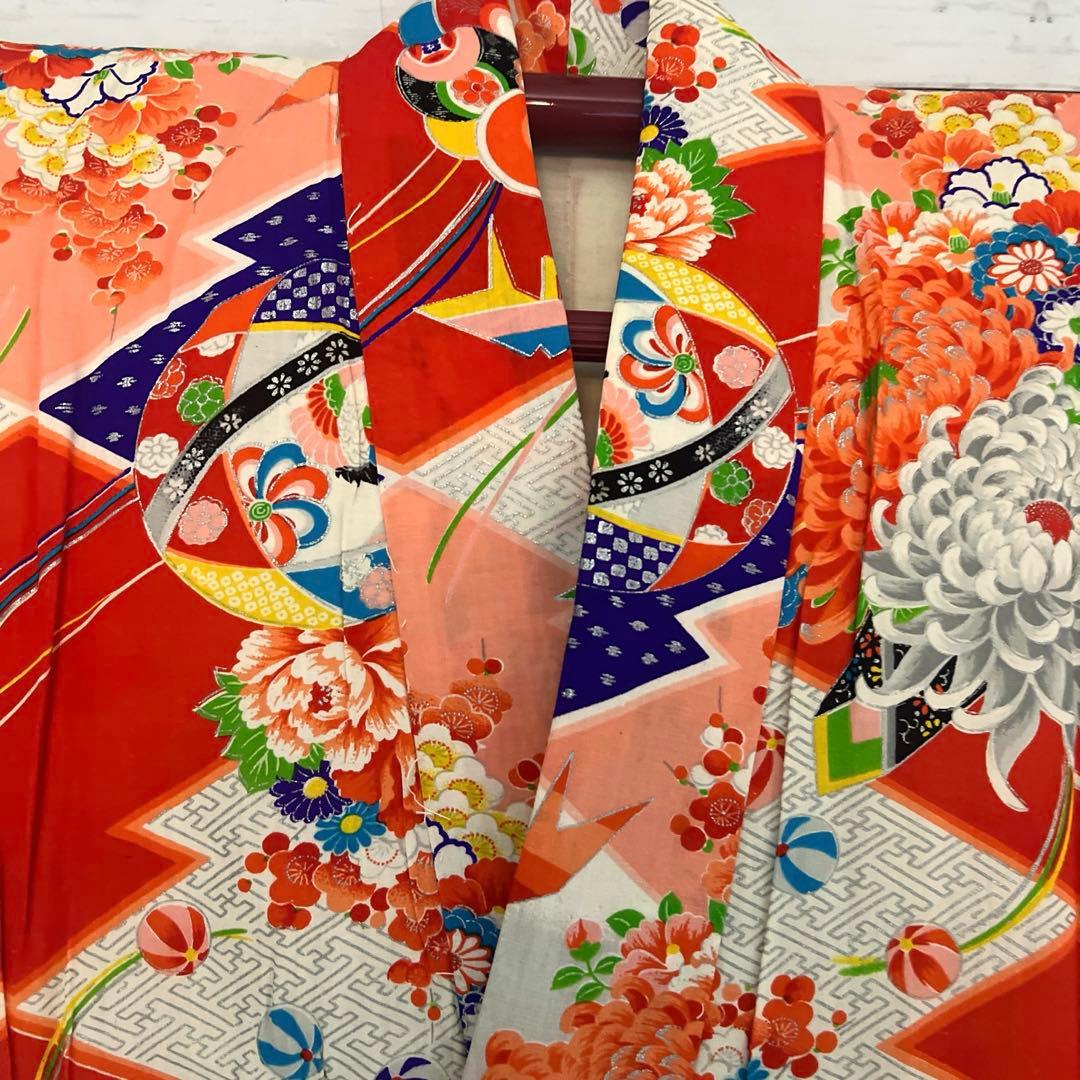 5945◆アンティーク長襦袢毱薬玉折鶴花尽くしレトロ可愛いチャーミング