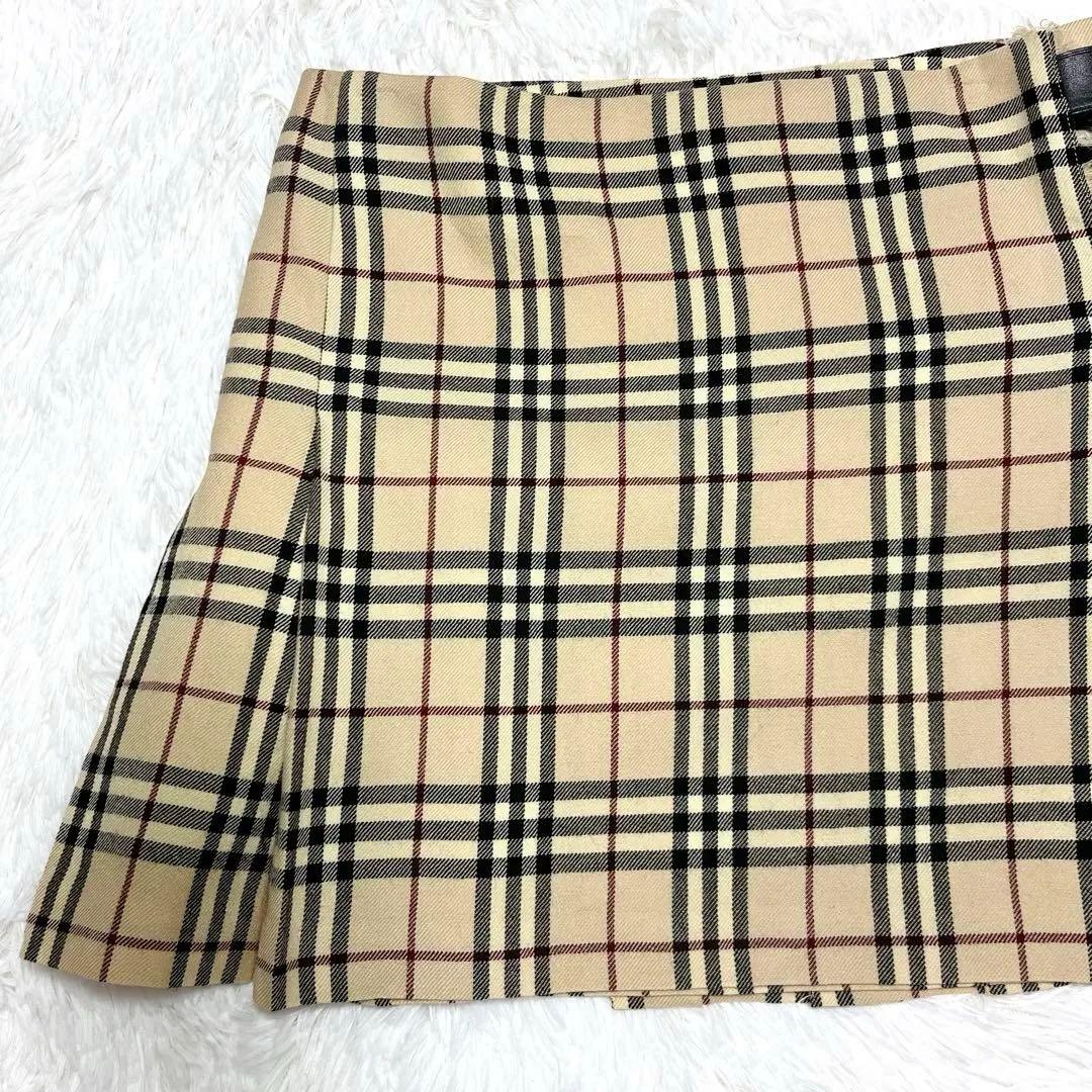 美品 バーバリー ベルト プリーツ 巻き ミニスカート チェック ベージュ