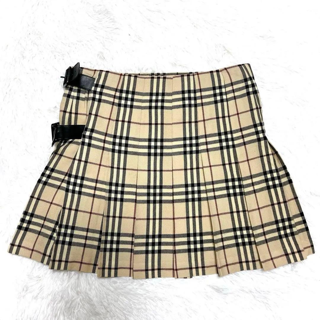 美品 バーバリー ベルト プリーツ 巻き ミニスカート チェック ベージュ