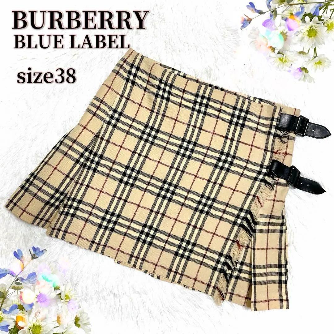美品 バーバリー ベルト プリーツ 巻き ミニスカート チェック ベージュ