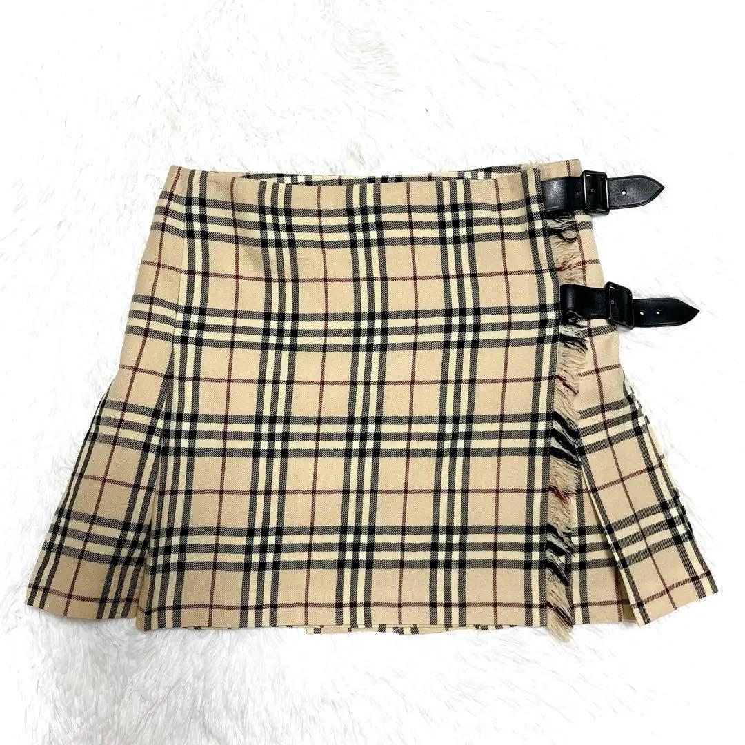 美品 バーバリー ベルト プリーツ 巻き ミニスカート チェック ベージュ