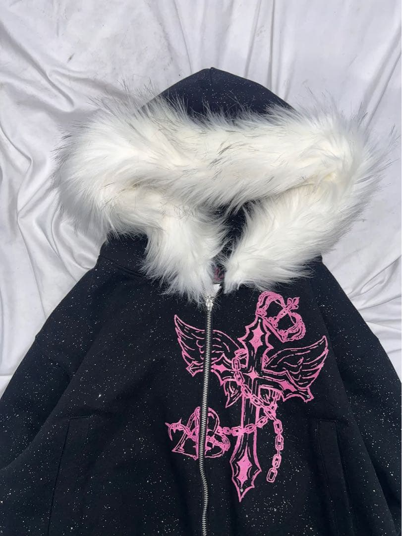 トップス girl Cross Logo glitter Fur Zip Hoodie