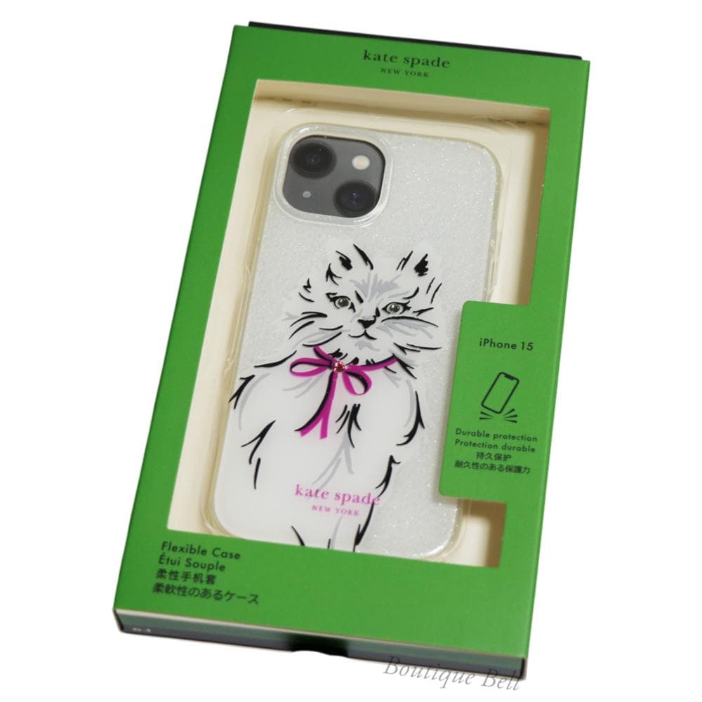 【ケイトスペード】ウィスカーズ 猫 iPhone15ケース ホワイトマルチ