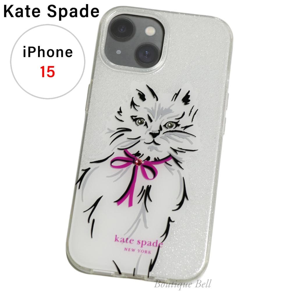 【ケイトスペード】ウィスカーズ 猫 iPhone15ケース ホワイトマルチ